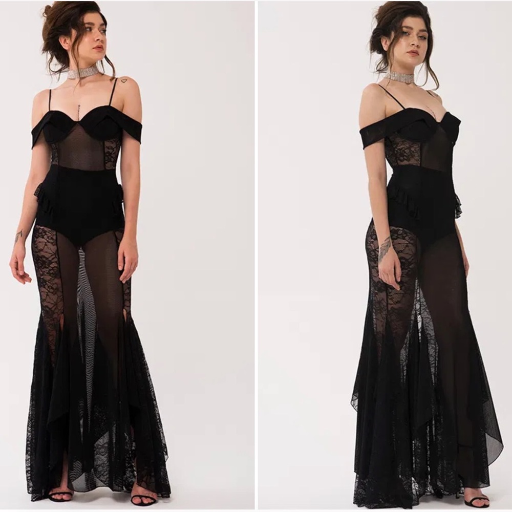 Kiki Riki Sheer Black Mesh Open Shoulder Dress